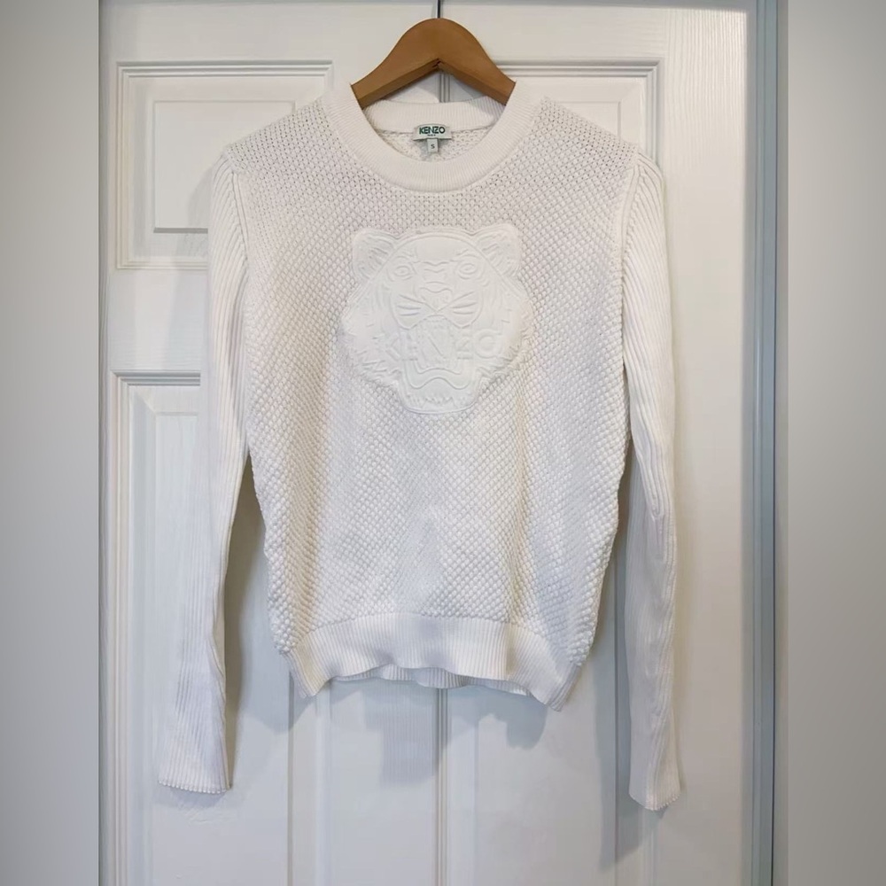 NWOT KENZO Paris White Embossed Tiger Logo Textured Knit Cotton Sweater Size S